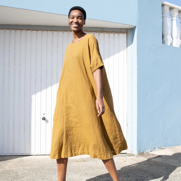 “Not Perfect Linen” Amber yellow RENNES-2 oversized linen dress - Picture 1 of 6